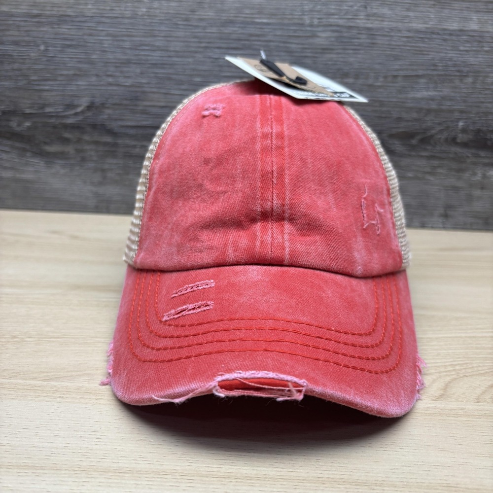 C.C Hat Cap Strap Back Pink Tan Trucker Mesh Distressed Ponytail Womens
